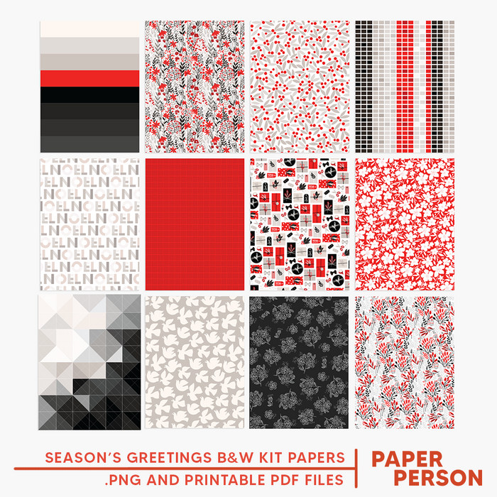 Holiday: Season's Greetings Black & White Kit Papers Digital Files
