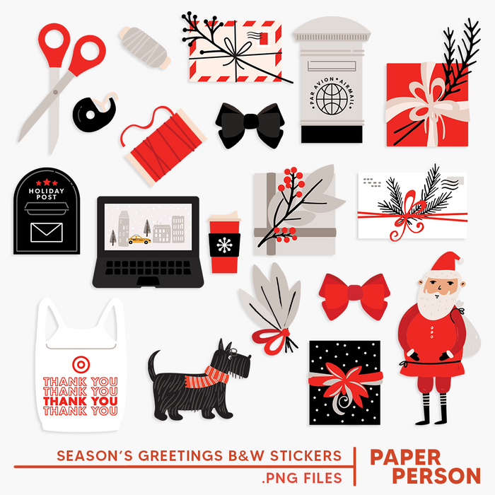 Holiday: Season's Greetings Black & White Stickers Digital Files