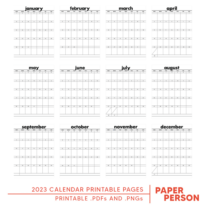 2023 Calendar Printable Papers (black & white version)